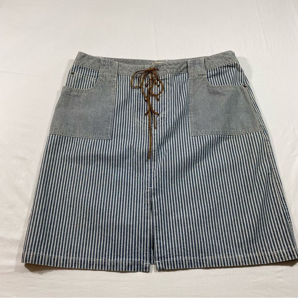 Lace- up Skirt Mini Stripes Jean Skirt Faded Glory Ladies 16 Pockets Bla…
